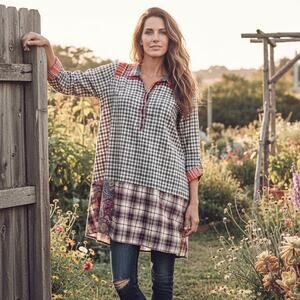 Johnny Was Plaid Patchwork BOHO Tunic Blouse Size Small